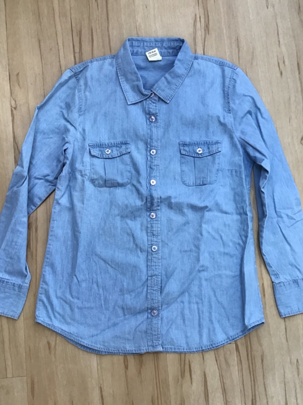 Faded Glory Light Blue Chambray Roll Up Sleeve Denim Shirt Button‎ Blouse Casual